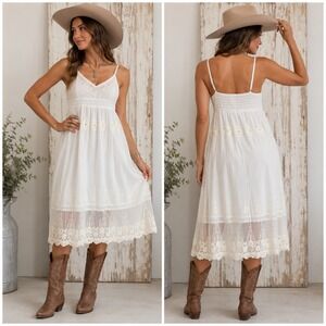 RU Cowgirl White Lace Mesh Mini Dress Floral Embroidery Smocked Back Jr Sz Large